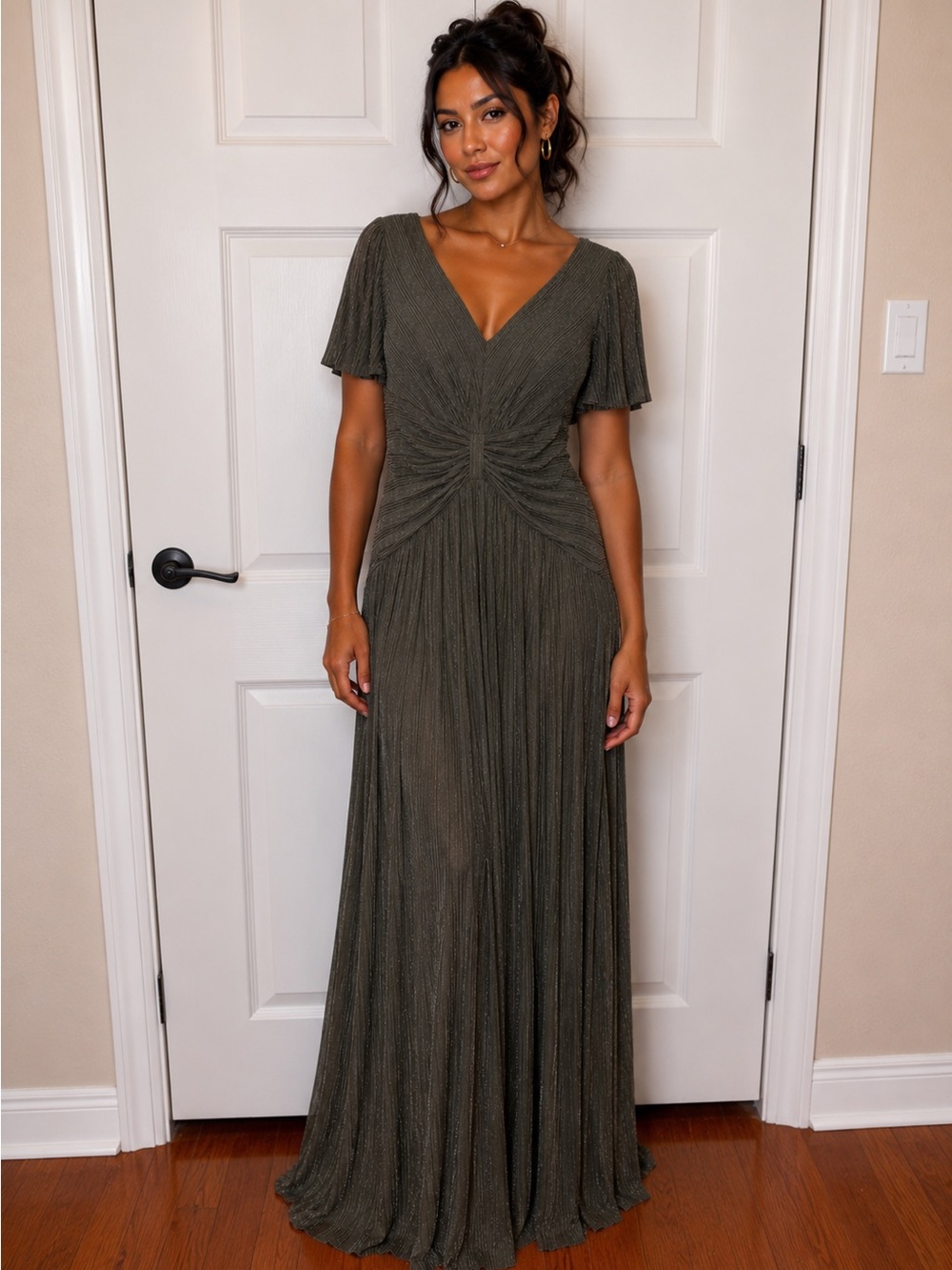 Olivia + Joy Olive Pleated V-Neck Maxi Dress